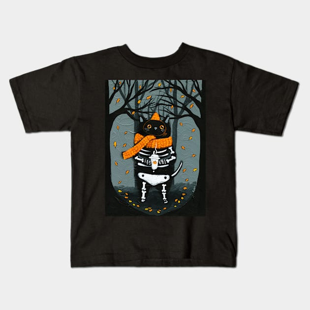 Halloween Vibes Skellie Cat Kids T-Shirt by KilkennyCat Art